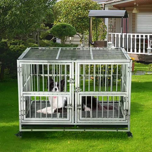 Vista 7 de Jaula para perros resistente de 42 pulgadas con ruedas, jaula de acero inoxidable indestructible de alta ansiedad, diseño de cerraduras resistentes