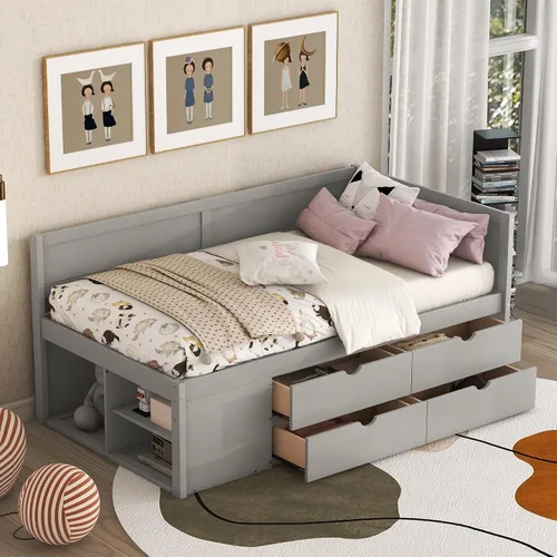 Vista 13 de Sofá cama de madera de tamaño matrimonial con 2 armarios de noche, estantes superiores y 4 cajones, marco de madera resistente, espacio de Marrón