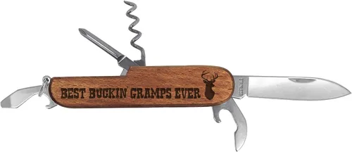 Vista 4 de Cuchillo Gramps Best Buckin' Gramps Ever Grabado con láser Madera Oscura 6 funciones Cuchillo de bolsillo Multiherramienta