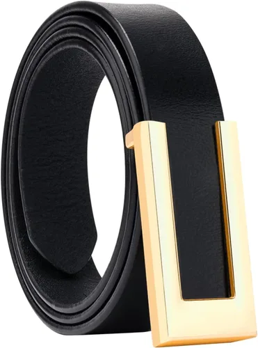 Vista 2 de YooAi Cinturón de cuero para mujer, cinturón de cintura delgada para vestidos, pantalones vaqueros, con hebilla dorada Negro