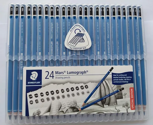 Vista 5 de Staedtler Mars Lumograph - Lápices de madera - Paquete de 24 grados en práctica caja de almacenamiento de plástico con regla de aluminio de 6" y 8