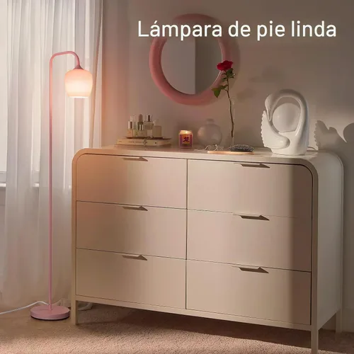 Vista 3 de ONEWISH Lámpara de pie rosa, moderna lámpara de pie para sala de estar, dormitorio, pantalla de lámpara de cristal, bombilla LED incluida, bonito