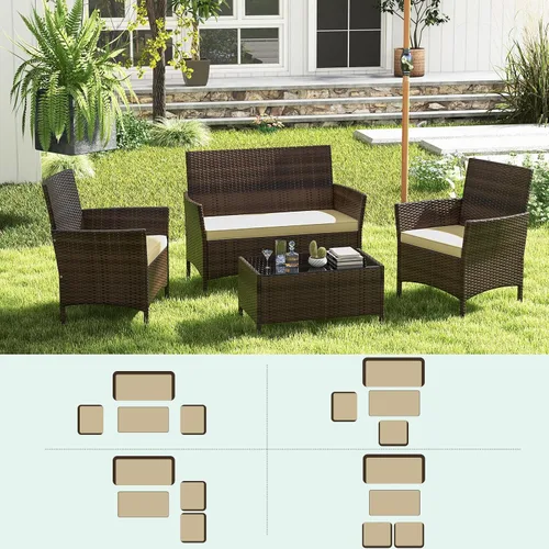 Vista 7 de RELAX4LIFE Juego de muebles de patio de 4 piezas – Juego de muebles de ratán para conversación al aire libre con cojines, mesa de centro de cristal