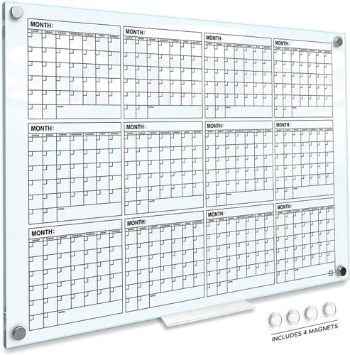 Vista 10 de Pizarra blanca magnética negra de vidrio de 34 x 46 pulgadas, calendario anual, pizarra blanca, calendario de borrado en seco para pared, pizarra