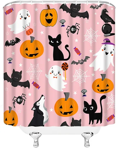 Vista 3 de Cortina de ducha de Halloween de dibujos animados, lindo fantasma, murciélago, gato negro, calabaza, telaraña, espeluznante, terror, divertido, Rosa