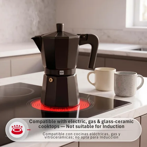 Vista 6 de Magefesa Kenia Noir - Olla de café expreso, 3 tazas/5 onzas, cafetera italiana para café cubano, aluminio extragrueso, mango resistente al calor