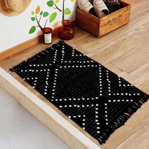 Vista 4 de LIVEBOX Alfombra de baño bohemia negra de 2x3 pies, alfombra de baño lavable, pequeñas alfombras tejidas de algodón, alfombra de área marroquí