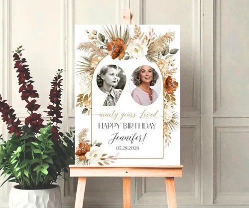Vista 2 de 90th Birthday Welcome Sign with Photo, 90 Years Loved Poster, Personalized Milestone Celebration Decoration, Elegant Entryway Display, Custom Party