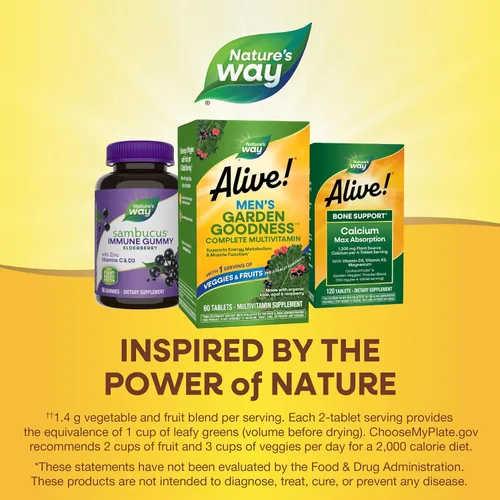 Vista 8 de Nature's Way Alive! Garden Goodness Multivitamínico para hombre, una porción de verduras y frutas (1), vitaminas B de alta potencia, 60 tabletas
