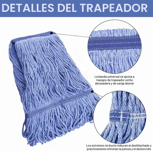 Vista 2 de Repuesto de cabezal de fregona para trapeadores comerciales resistentes para limpieza de suelos, repuesto de cabezal de hilo de algodón azul