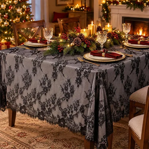 Vista 7 de DUOBAO Mantel de encaje bordado negro de 60 x 120 pulgadas, mantel rectangular resistente a las arrugas, para bodas, fiestas al aire libre y Negrura