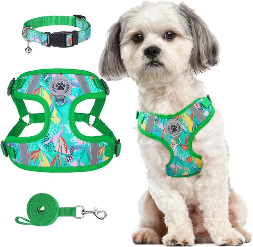 Vista 13 de BEAUTYZOO Step in - Juego de arnés para perro, collar y correa para perros pequeños, medianos y grandes, arnés para cachorro sin tirones, sin Beige