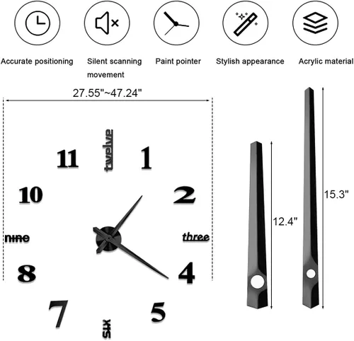 Vista 3 de Relojes de pared grandes 3D DIY para decoración de sala de estar, calcomanías de reloj de pared, sin marco, superficie de espejo, calcomanía