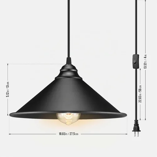 Vista 6 de Luz colgante grande con enchufe negro, luz colgante industrial con cable enchufable Hanging Lamps, Pendant Lamp, Vintage Pendant Light with Plug