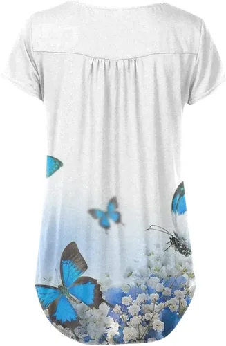 Vista 4 de Summer Womens Low Neck Short Sleeve Tops Floral Printing T Shirt with Buckle Pleat Casual Slim Tee Blouse for Teen Girl