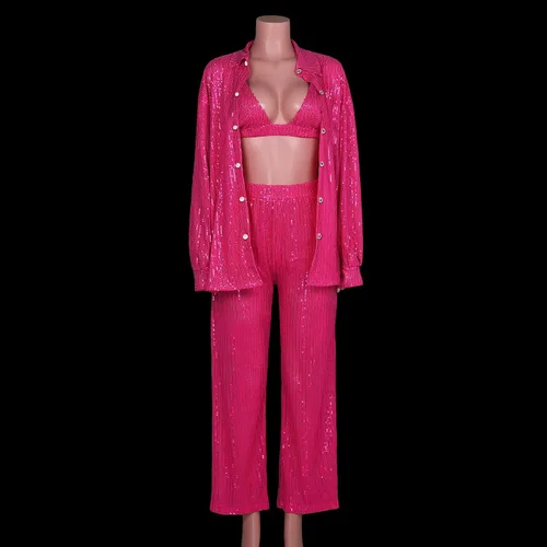 Vista 4 de Trajes brillantes para mujer blusa de manga larga con lentejuelas blusa de manga larga con purpurina pantalones largos y sueltos ropa de fiesta