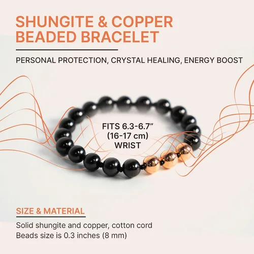 Vista 2 de Karelian Heritage Shungite Stones Elastic Stretchy Bracelet with 3 opper Plated Beads Authetic Shungite Crystal Jewelry Protective Powerful