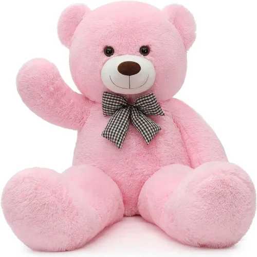 Vista 8 de Oso de peluche marrón gigante, animal de peluche grande de 47 pulgadas, material de felpa suave, estilo clásico con lazo a cuadros, para acurrucarse