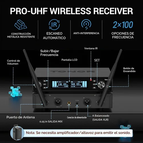 Vista 5 de TONOR Sistema de Micrófono Inalámbrico, Escaneo Automático y Emparejamiento UHF Micrófono de Karaoke Recargable, 2x100 Micrófono Inalámbrico