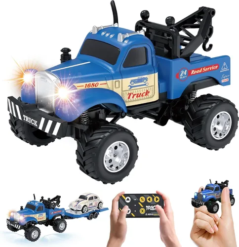 Vista 7 de MOONTOY 1:64 Escala Mini RC Car Alloy RC Truck con luces LED y remolque 2.4Ghz Remote and App Control Toy Car, 3-Speed Adjustment Pocket Mini Rc