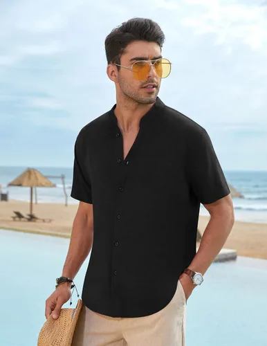 Vista 2 de COOFANDY Camisa casual de lino con cuello de banda y botones para hombre