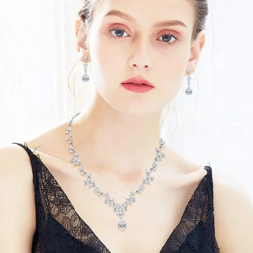 Vista 4 de Juego de joyas Hadskiss collar y aretes colgantes chapado en oro blanco con circonita cúbica blanca AAA joyería para bodas y fiestas hipoalergénica