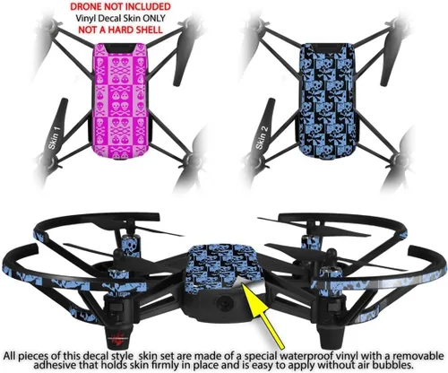 Vista 2 de Paquete de 2 calcomanías de piel compatibles con DJI Ryze Tello Skull y Crossbones patrón de drone rosa no incluido
