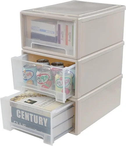 Vista 9 de Gloreen Cajones de almacenamiento apilables de plástico de 12 L, 3 paquetes de caja de cajón compacta de escritorio Beige
