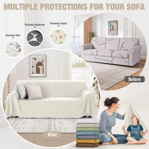Vista 5 de KinCam Fundas de sofá para sofá de 3 a 4 cojines, funda lavable para sofá modular para perros, funda de manta con borlas, apta para mascotas, suave
