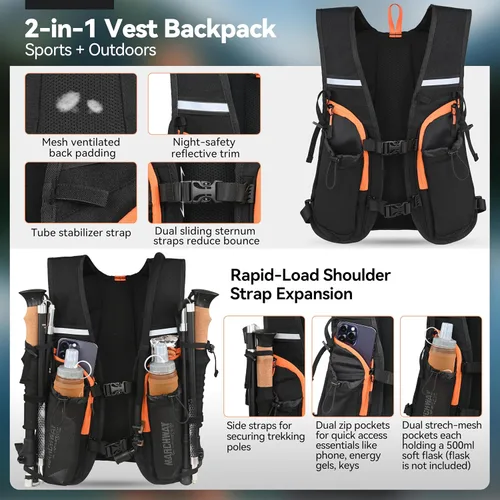 Vista 3 de MARCHWAY Mochila de hidratación ligera con correas estilo chaleco y bolsa de agua de TPU de 2.5 L, versátil y elegante paquete de múltiples