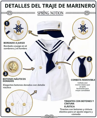 Vista 7 de Conjunto de traje de marinero náutico con sombrero, para niños pequeños Azul marino