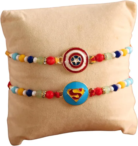 Vista 4 de Set of 2 SuperHero's Rakhi for Brother with Raksha Bandhan Greeting Card Roli Chawal Tika - Raksha Bandhan Rakhi for Small Brothers Rakhi for