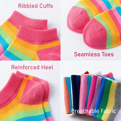 Vista 4 de Marchare Calcetines sin costuras para niñas, calcetines de algodón con rayas de arco iris, paquete de 5