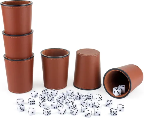 Vista 9 de Juego de tazas de dados con forro de fieltro de cuero PU de Reriver, 6 tazas silenciosas mezcladoras de dados con 36 dados para juegos de Bar Party