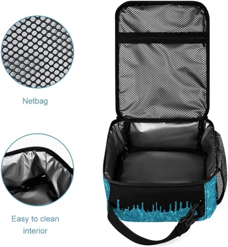 Vista 4 de Bolsa de almuerzo con nombre personalizado para hombres y mujeres, con monograma de purpurina azul, hielera, portátil, con nombre, para niñas