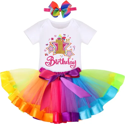 Vista 38 de IBAKOM Conjunto de ropa de 3 piezas para bebé niña de 1er cumpleaños + tutú de tul de princesa arcoíris + diadema con lazo, conjunto de ropa de 3