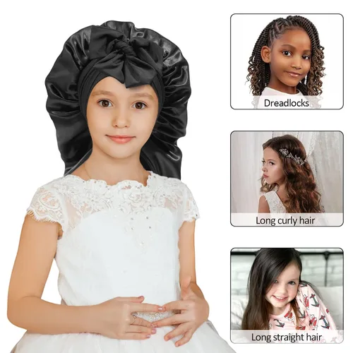 Vista 6 de AWAYTR Gorro de satén para niñas con trenzas de pelo largo para dormir Negro