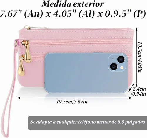 Vista 5 de simarro Bolso de mano de pulsera, de cuero suave, largo con múltiples bolsillos, con correa, cartera portátil para mujer Rosa