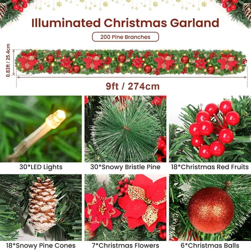 Vista 2 de Guirnalda de Navidad con Luces, Guirnalda Iluminada de Navidad de 2.74 m con 30 LED, Guirnalda Preiluminada Operada con Pilas, Guirnalda de Navidad
