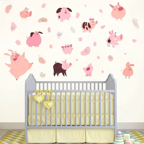 Vista 4 de Juego de calcomanías de pared de cerdo de dibujos animados divertidos, juego de calcomanías de pared de cerdo divertido con puntos de animales