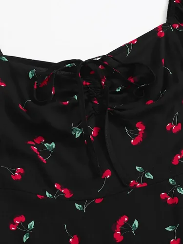 Vista 4 de Floerns - Vestido corto acampanado, para mujer, para verano, con cordón, escote de corazón y manga abullonada