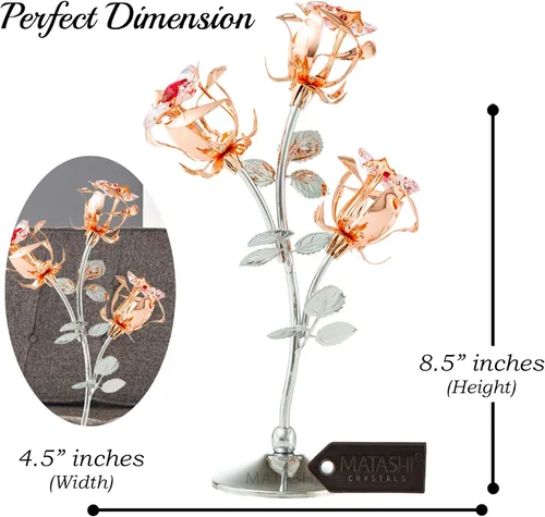 Vista 3 de Matashi Figura de flores de metal dorado rosa y cromo con cristales rojos y rosados, impresionante regalo de decoración de mesa rosa para el día