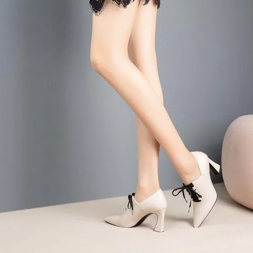 Vista 4 de Botines puntiagudos con cordones para mujer, tacón alto puntiagudo, tacón alto, estilo Oxford, para boda, fiesta, tacón alto