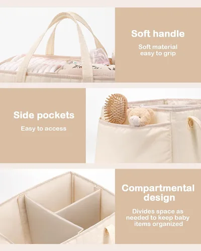 Vista 3 de Organizador de pañales para bebés, cesta de almacenamiento de pañales con asa, organizador de auto para niños y niñas y nuevos padres, baby shower