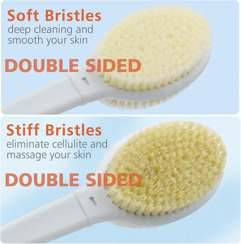Vista 2 de Cepillo de ducha con cerdas suaves y rígidas, mango largo de 18.5" de doble cara, cepillo de baño para la espalda, exfoliador corporal para Azul
