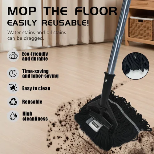 Vista 7 de KLHB‑YF - Trapeador comercial de algodón, diseño industrial resistente, mango de 59.8 in, 2 cabezales de repuesto, repuesto negro resistente a