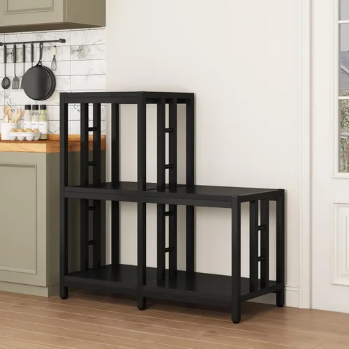 Vista 8 de Mini soporte para refrigerador con almacenamiento, gabinete negro para barra de café con espacio para mini refrigerador, soporte para microondas