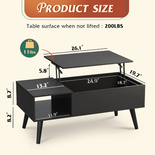 Vista 3 de WLIVE Mesa de Centro para Sala de Estar, Mesa de Centro con Tapa Elevable y Almacenamiento, Mesa Central de Comedor de Madera Pequeña Elevable