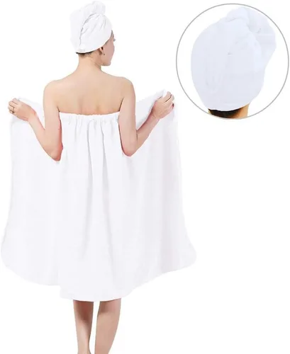 Vista 6 de Keenso Juego de albornoz de spa para mujer con gorro de secado de pelo, toalla suave de secado rápido, diseño ajustable, blanco, rosa, azul, 35.4 x
