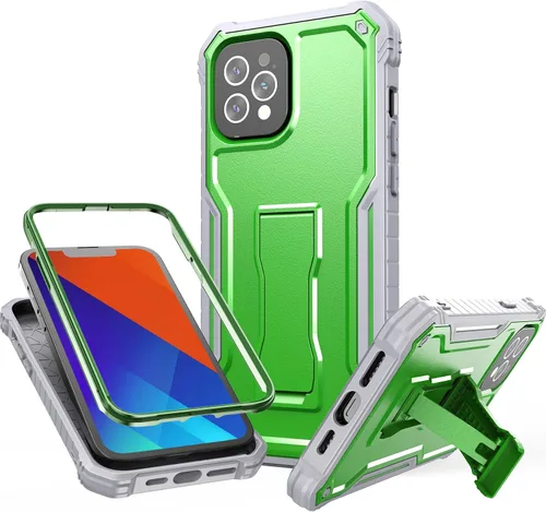 Vista 18 de FITO Funda para Apple iPhone 13, doble capa a prueba de golpes resistente con protector de pantalla de vidrio templado y soporte integrado (verde)